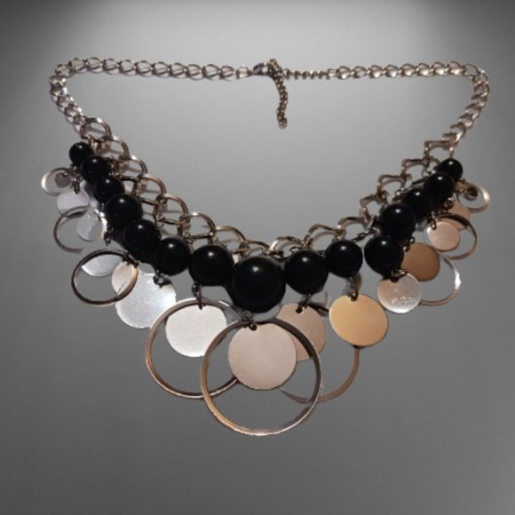 Vintage 90s Geometric Chunky Black and Silver Bib Statement Dangle Necklace - Picture 4 of 11